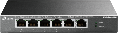 TP-Link TL-SG1006PP – Настольный коммутатор с 6 гигабитными портами (3 порта PoE+, 1 порт PoE++)